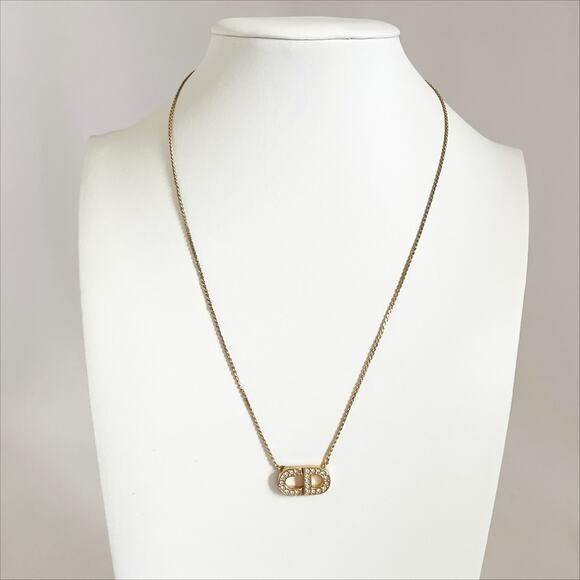DIOR Vintage Gold Tone Diamante Logo Pendant Necklace - Picture 6 of 9